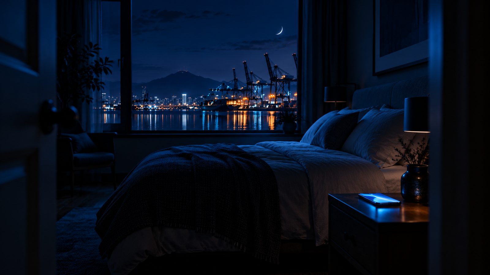 A bedroom at 2 a.m., the bed empty, a phone glowing on the bedside table, harbour cranes through the window