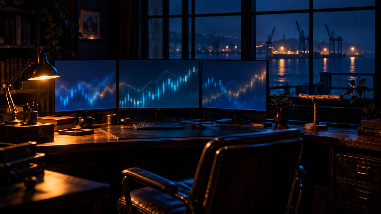 An empty desk at night with three monitors and an empty bird perch