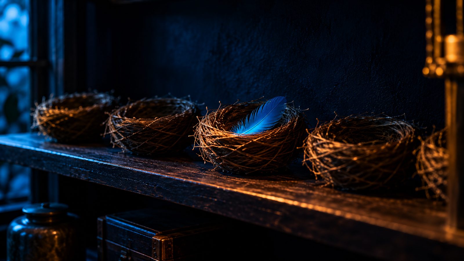 A row of empty bird nests on a dark shelf, one holding a single blue feather