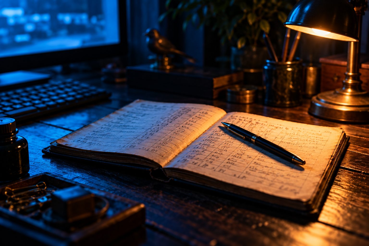 An open paper notebook on a desk at night
