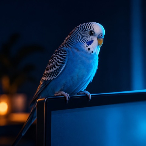 A blue parakeet perched on a monitor at night