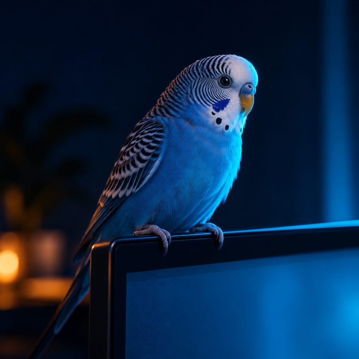 A blue parakeet perched on a monitor