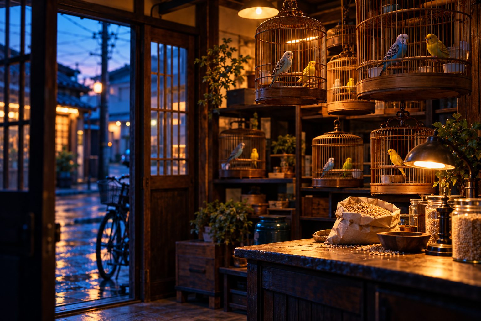 A small Japanese pet shop at dusk, birdcages with budgerigars and canaries, a sack of birdseed on the counter