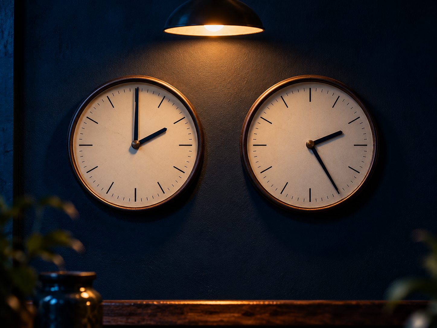 Two wall clocks, one showing 2:00 and the other 2:25
